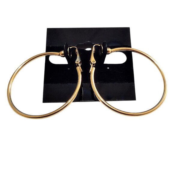 1 5/8" Plain Hoops Clip On Earrings 41mm Gold Plated 2mm Tube Round Smooth - Picture 2 of 5